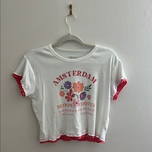 White and Pink Graphic Ruffled Crop T-Shirt